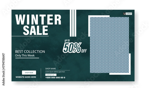 Winter sale announcement with 50 percent off discount and three product display windows.
Bold blue winter sale announcement featuring 50 percent off discount and festive snowflakes
