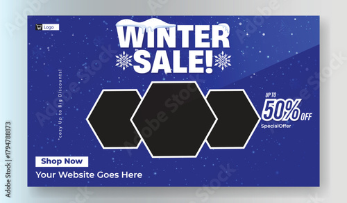 Winter sale announcement with 50 percent off discount and three product display windows.
Bold blue winter sale announcement featuring 50 percent off discount and festive snowflakes