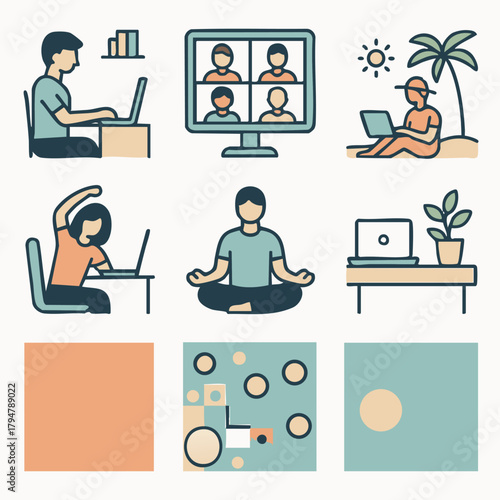 Vector illustration depicting remote work and wellness activities: home office, video calls, outdoor work, stretching, meditation, and abstract design, showcasing modern work-life balance.