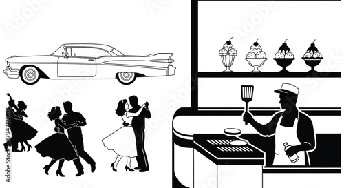 Vintage diner scene with classic car dancing and ice cream