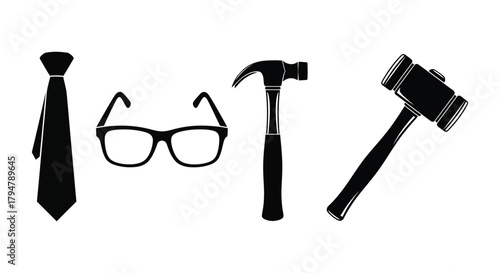 Tie glasses hammer gavel vector illustration black and white