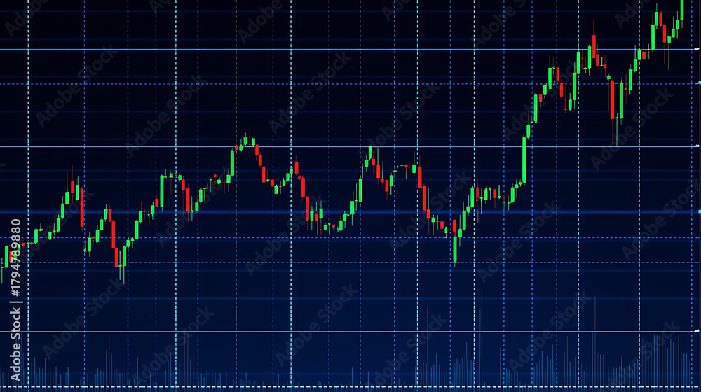 Naklejka premium A captivating candlestick chart showing a steady upward trend in the stock market or cryptocurrency exchange with vibrant green and red bars