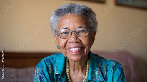 A cheerful senior African American woman smiles brightly while sitting in her home, surrounded by warm colors and personal touches. Her joyful demeanor radiates positivity and warmth