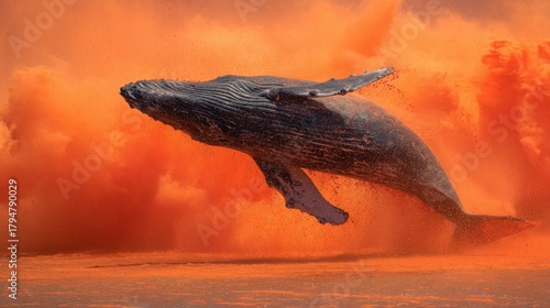 Majestic Whale Leaping from Vibrant Orange Waters