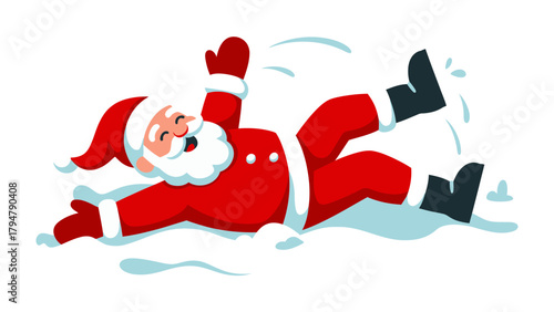 Santa's Winter Mishap: A jovial figure clad in a red suit experiences a playful tumble in the snow, capturing a moment of lighthearted holiday cheer.
