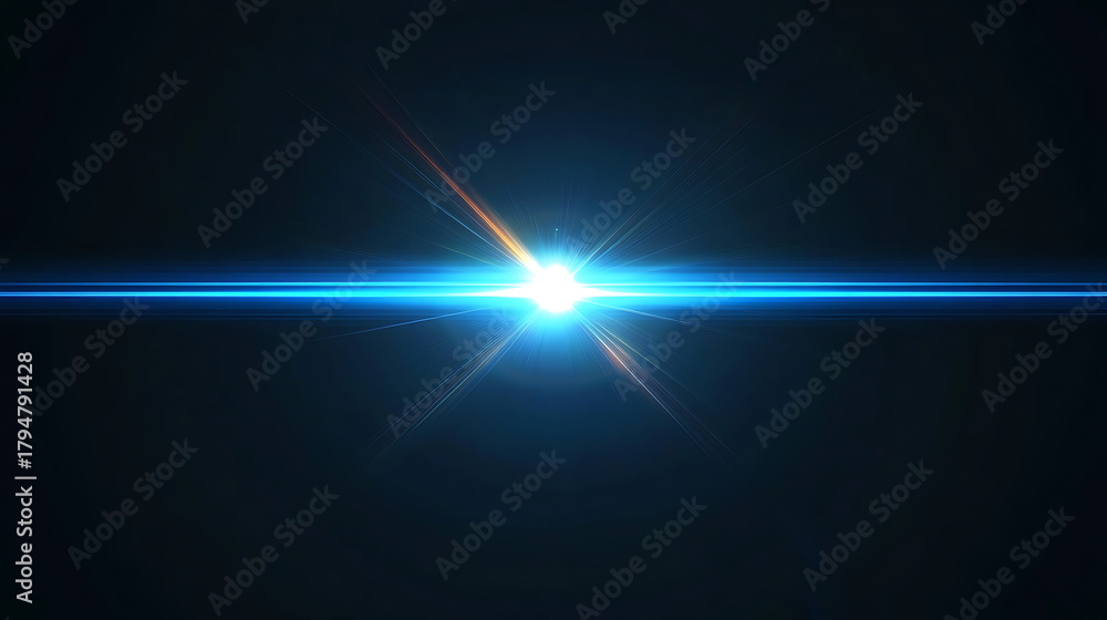Fototapeta premium A powerful central light flare bursting with blue and orange streaks of light across a dark, black background creating a starburst effect