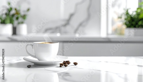 Steaming coffee cup on a marble counter, bright modern kitchen backdrop, sunlight streaming from unseen window