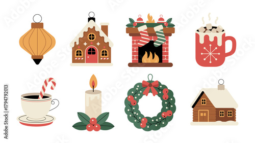 Holiday Delights: A collection of festive holiday decorations, including a gingerbread house, ornaments, Christmas stocking and wreath.