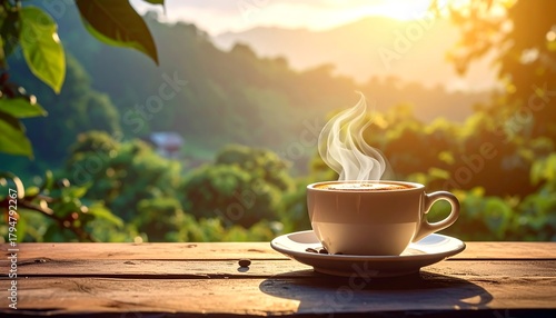 Steaming coffee cup rests on a rustic wooden table, overlooking a lush green mountainous landscape at sunset