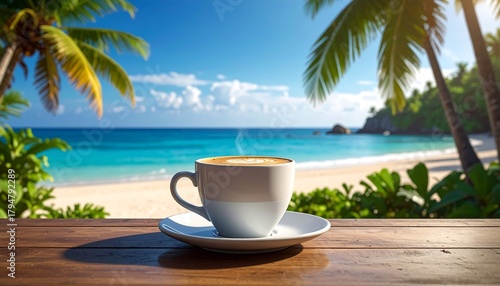 Fototapeta Naklejka Na Ścianę i Meble -  Steaming coffee cup sits on a wood table overlooking a tropical beach with palm trees and turquoise ocean