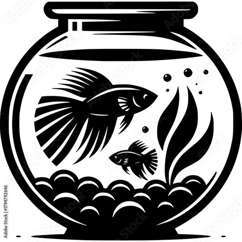 Serene Underwater: Captivating silhouette of a vibrant betta fish gracefully navigating within a transparent glass bowl, the tranquil aquatic scene evokes peace and serenity.