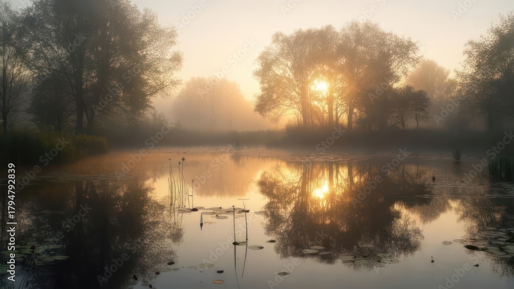 Fototapeta premium Misty Sunrise over a Pond