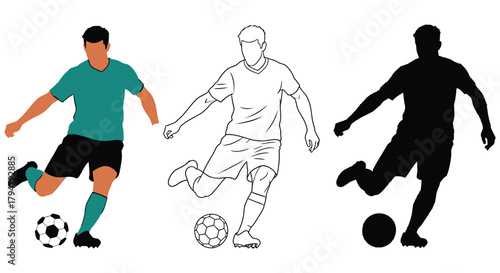 Soccer player kicking ball vector illustration outline shadow