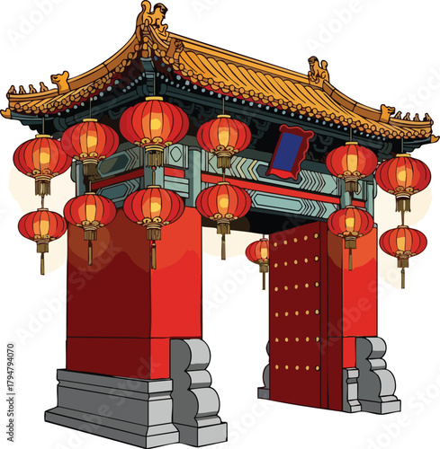 Ornate Chinese Gate with Lanterns A Symbol of Tradition and Culture.