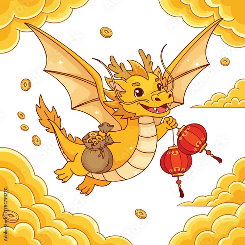 Golden Dragon with Lanterns and Money Bag Celebrating Lunar New Year.