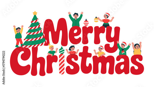 Festive Celebration: Capturing the holiday spirit, a vibrant Christmas illustration depicts joyful children and festive elements against a clean backdrop.  