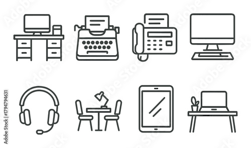 Vintage typewriter and modern office desk icon set