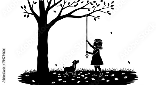 Silhouette girl playing on swing with dog under tree vector