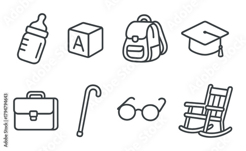 Life stages icons: baby, education, career, retirement symbols