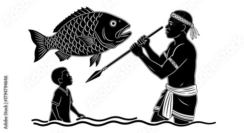 Fishing spear hunting art black and white vector illustration