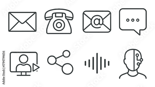 Email, telephone, contact, network, communication icons on gray metal texture