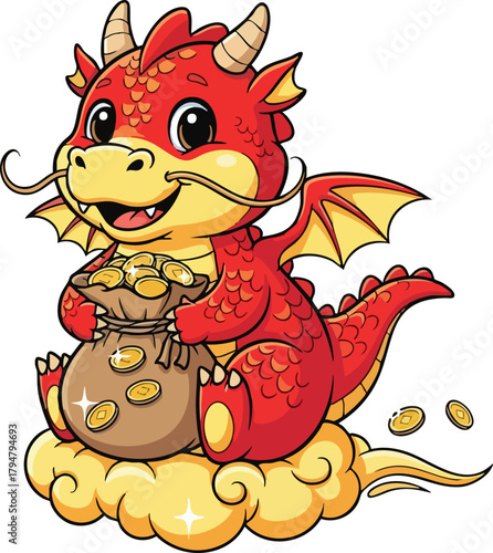 Cute Red Dragon Sitting on Cloud with Bag of Gold.