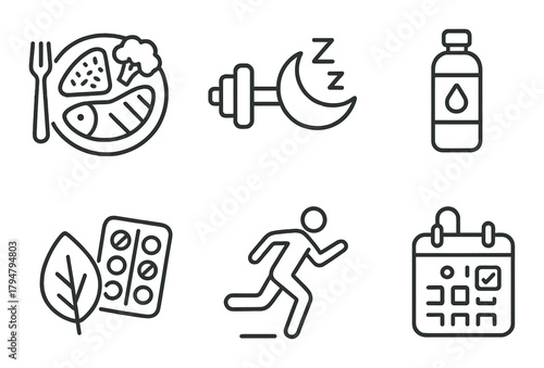 Healthy lifestyle icons featuring meal, exercise, hydration, supplements, running, and planning