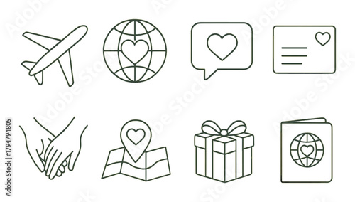 Travel love icons: airplane, globe, chat, postcard, heart, map, gift, passport
