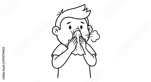 Cartoon boy blowing nose with tissue allergy cold flu sickness
