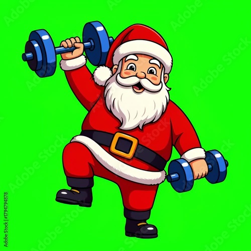 Santa Claus is exercising with dumbbells. Christmas. New Year. Green background. Animation. 4K. chroma-key