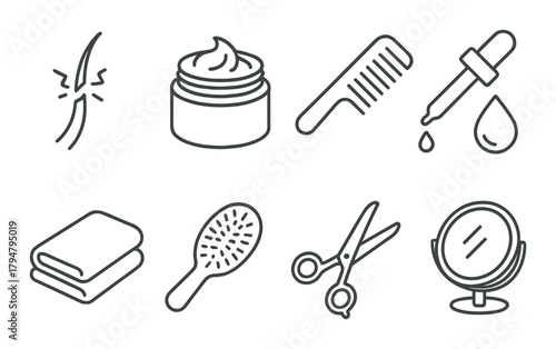 Essential hair care icons: comb, brush, scissors, mirror, dropper, cream, towel