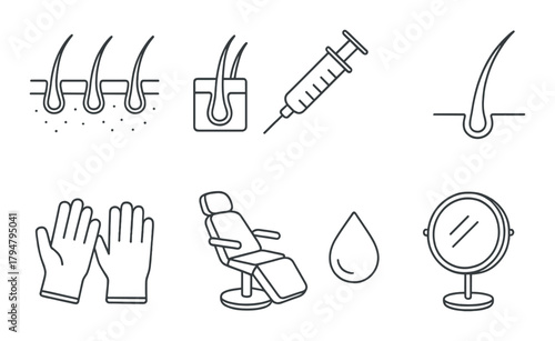 Hair transplant symbols: needle, follicle, gloves, chair, mirror, drop
