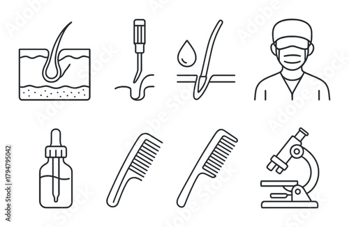 Icons of hair transplant and restoration procedures with medical tools