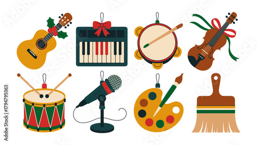 Orchestra of Art: A colorful collection of musical instruments and artistic tools. Celebrate music and art. A harmonious collection for creative individuals.