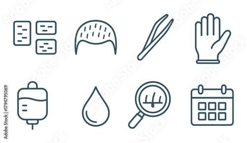 Collection of health and medical icons: drop, magnifying glass, intravenous, calendar, tool representations