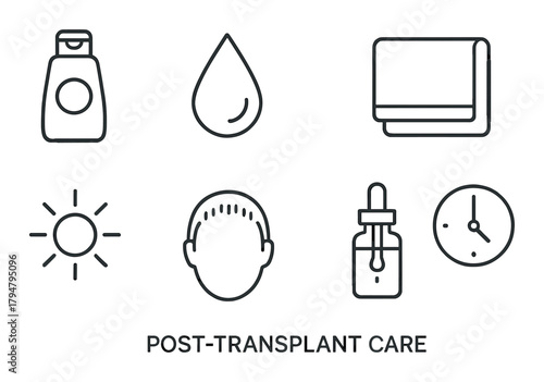 Post-transplant care icons: hair, oil, clock, towel, sun, drops