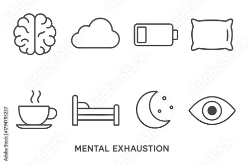 Mental exhaustion symbols: brain, cloud, low battery, pillow, coffee, bed, moon, eye