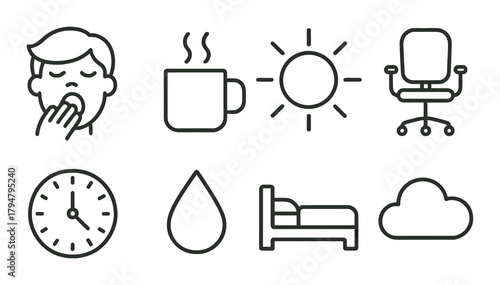 Morning routine icons - coffee mug, sun, clock, office chair, bed, cloud, yawning person, water drop