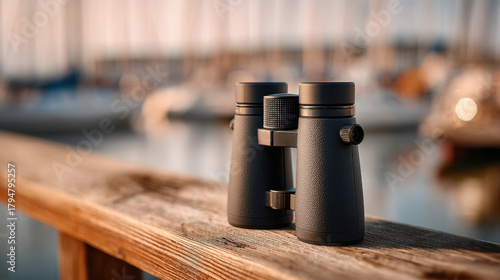 Binoculars at marina, calm mood, photorealistic product closeup showcasing outdoor adventure gear for nautical travel and birdwatching, inspiring exploration at golden hour with soft