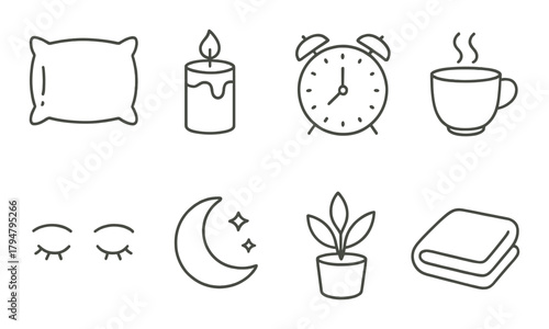 Cozy nighttime essentials: pillow, candle, clock, and tea icons for relaxation