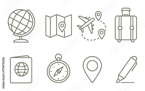 Monochrome travel icons featuring globe, map, airplane, and luggage