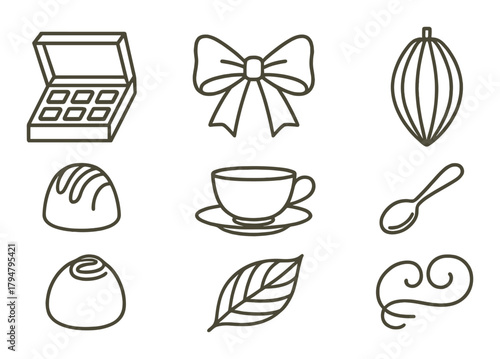 Elegant chocolate and tea icon set with decorative elements