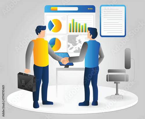 Business people shaking hands in the office. Vector illustration in flat style