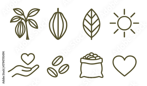 Minimalist cocoa icons: beans, leaves, sun, heart, hand, bag symbols