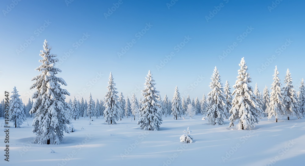 Fototapeta premium Snow covered evergreen trees in a winter forest landscape image
