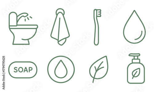 Eco-friendly bathroom essentials: sustainable toiletries and hygiene icons on green background