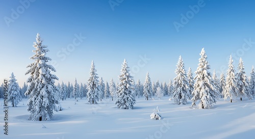 Snow covered evergreen trees in a winter forest landscape image