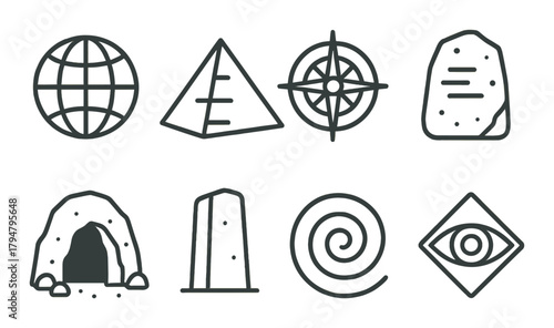 Ancient symbols: globe, pyramid, compass, stone, cave, monolith, spiral, eye