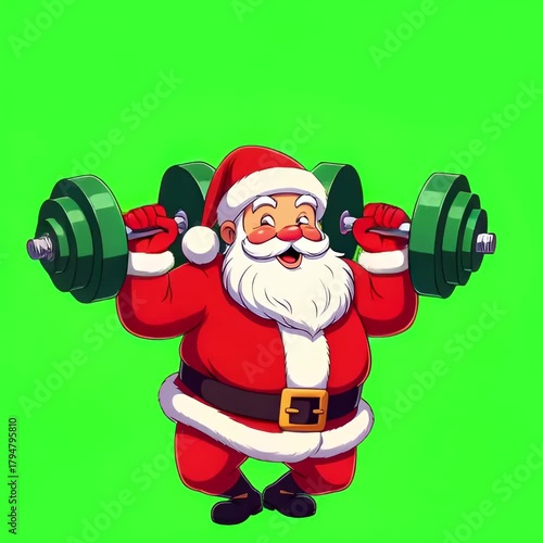 Santa Claus is exercising with dumbbells. Christmas. New Year. Green background. Animation. 4K. chroma-key