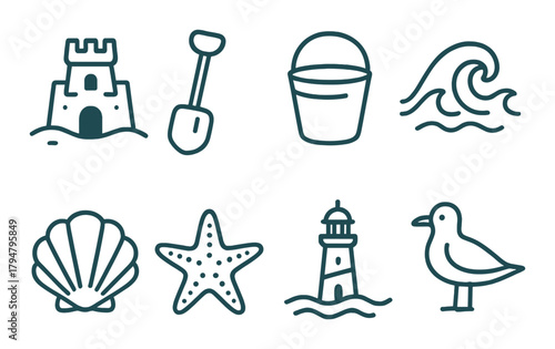 Beach icons: sandcastle, shovel, bucket, waves, seashell, starfish, lighthouse, seagull